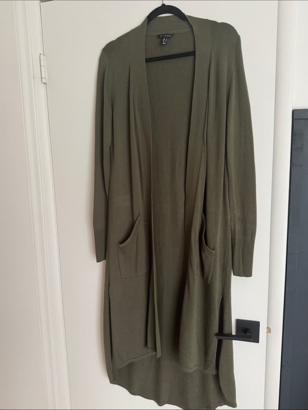 Long Olive Green Duster Open Front Women's Cardigan